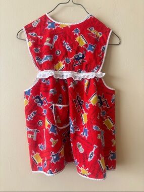 Vintage Red Children's Pinafore Apron Dress with Toy Truck train car print 3-4y